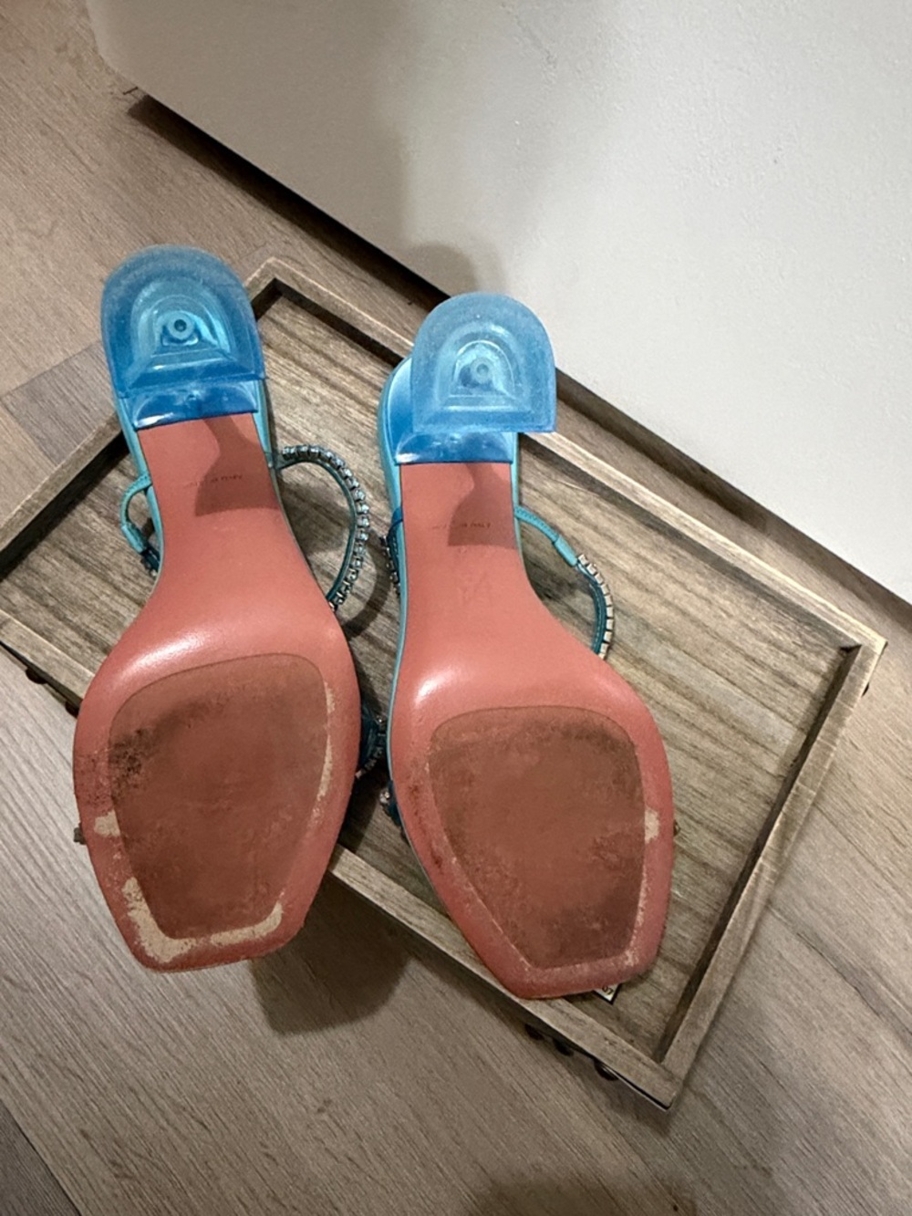 Amina Muaddi Turquoise Crystal-Trim Heeled Sandals - Picture 5 of 6